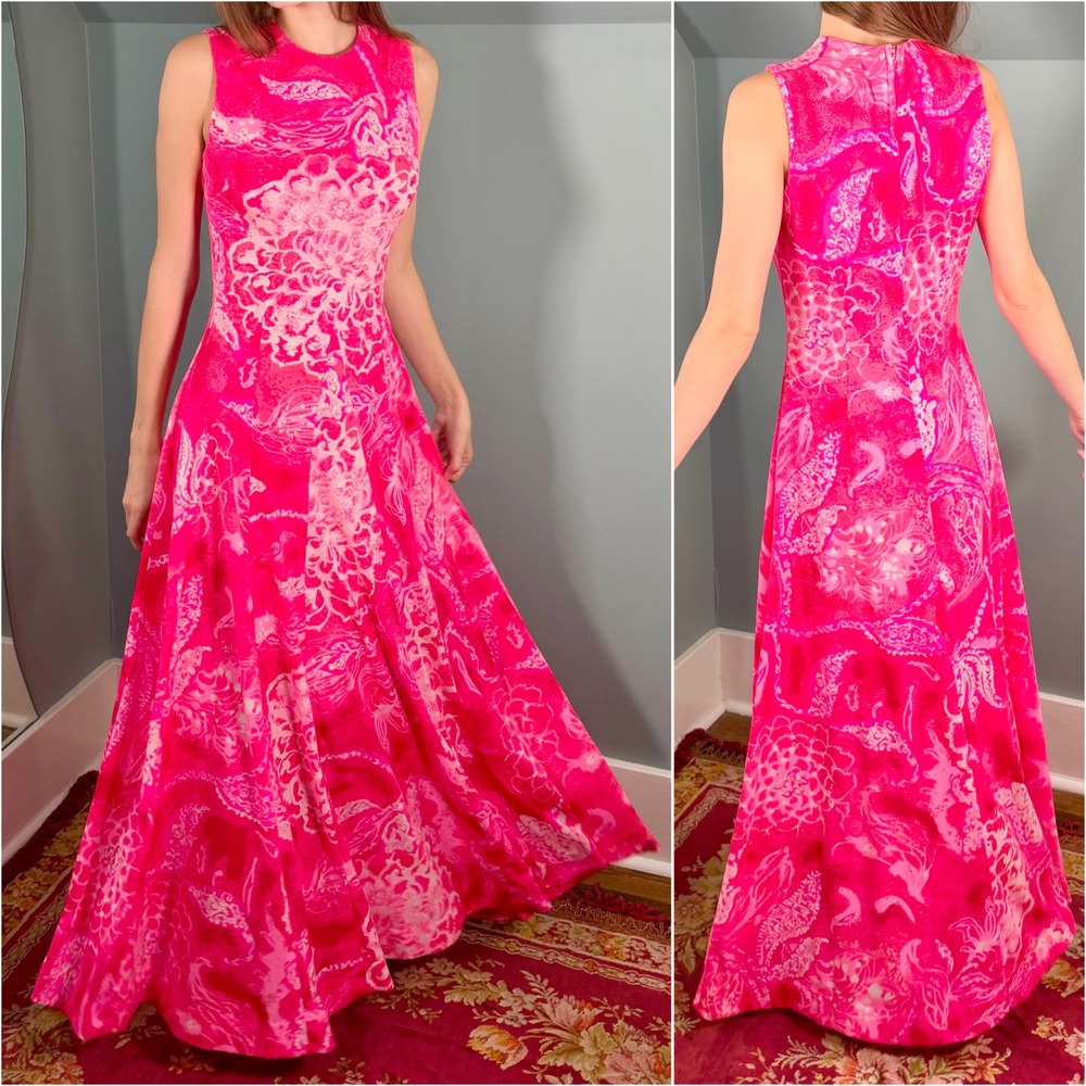 Vintage 1970s Maxi Dress Pink 70s Floral Psychedelic Tie Dye 1960s Small Medium
